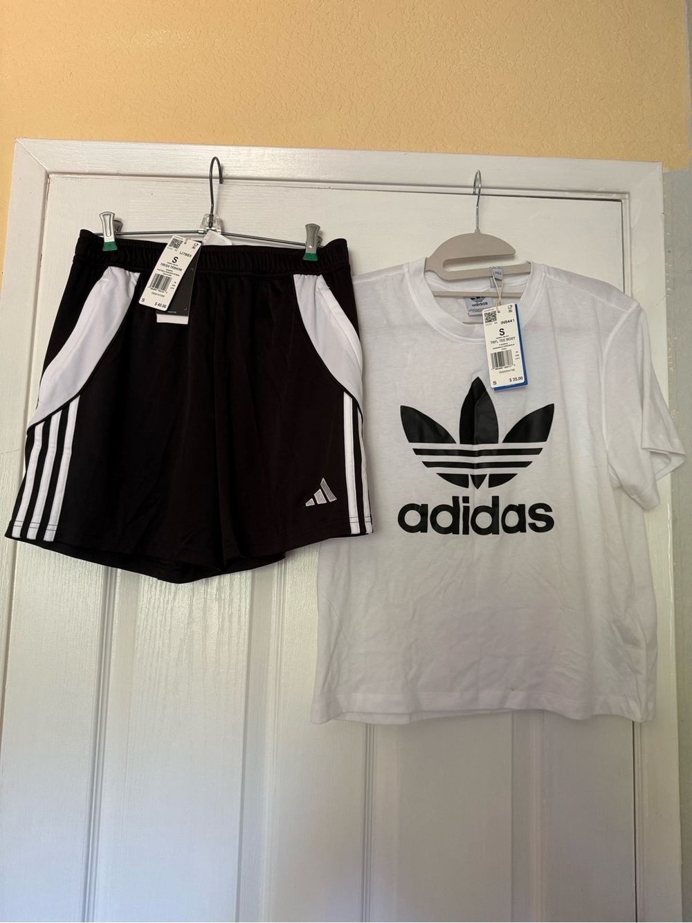 adidas White Tee with Black Trefoil & Black Athletic Shorts
